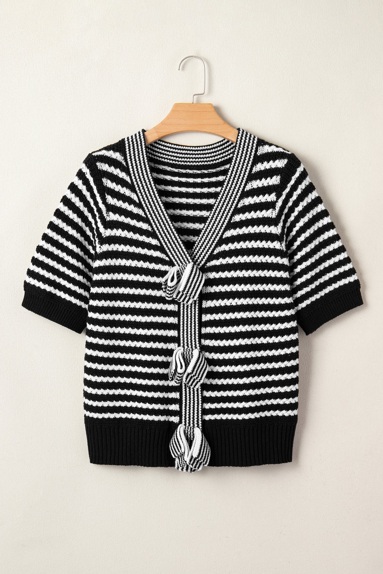 Black Stripe Short Sleeve Knit V Neck Bow Knot Sweater